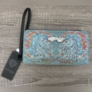 Ed Hardy Teal Wristlet Wallet with Dual Horse Artwork